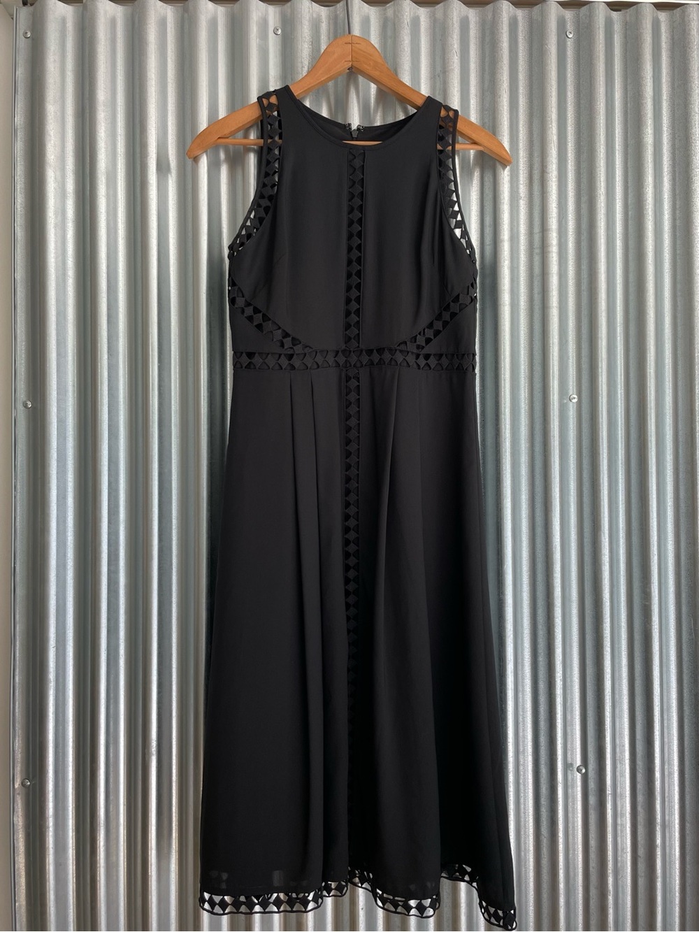 Ann Taylor Black Sleeveless Midi Dress with Geometric cut out Trim